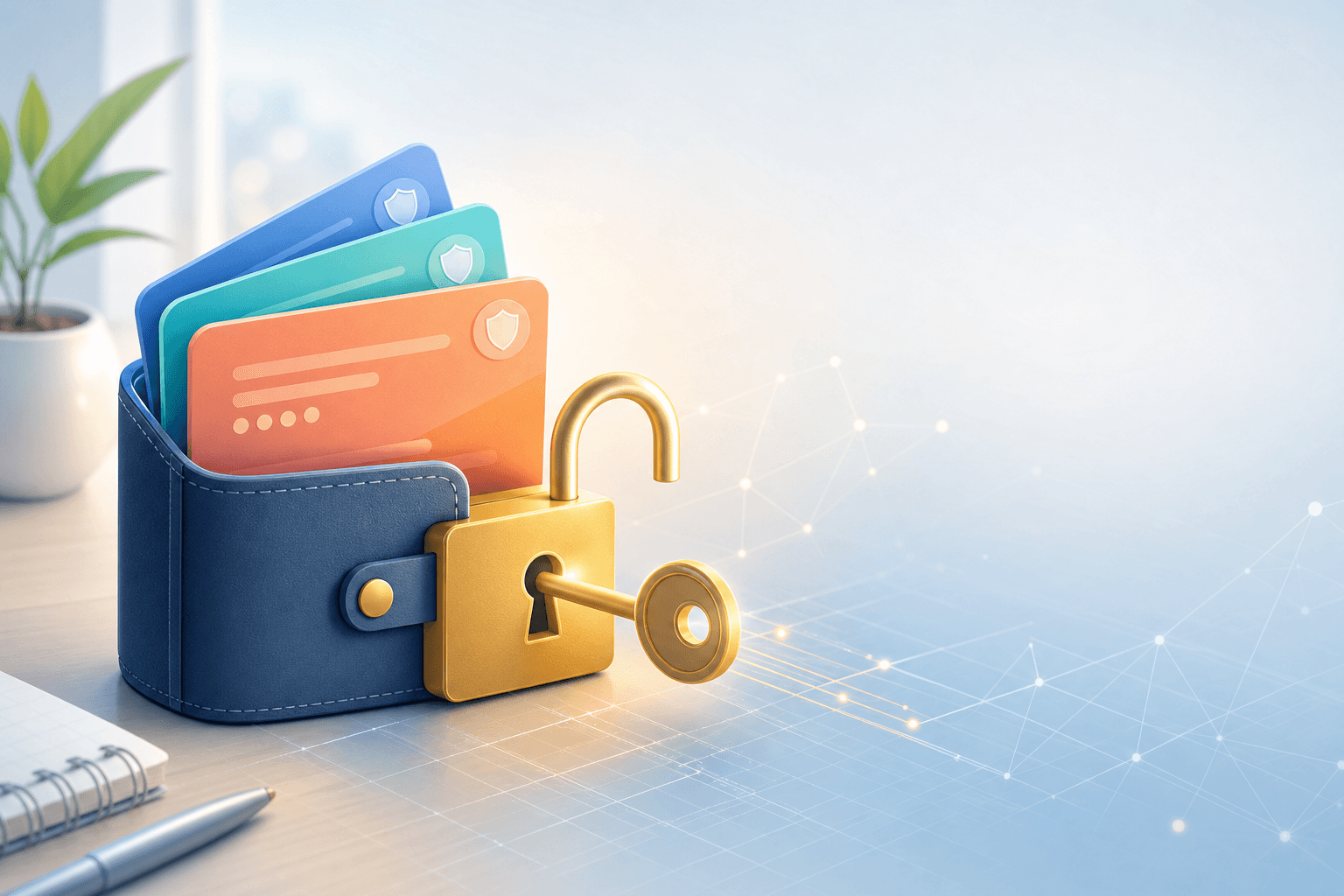 License cards and unlock padlock illustration